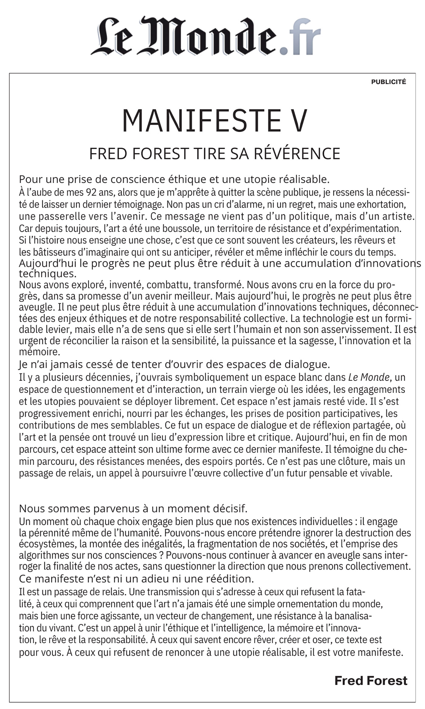 Le Monde - Manifeste V - Fred Forest tire sa révérence