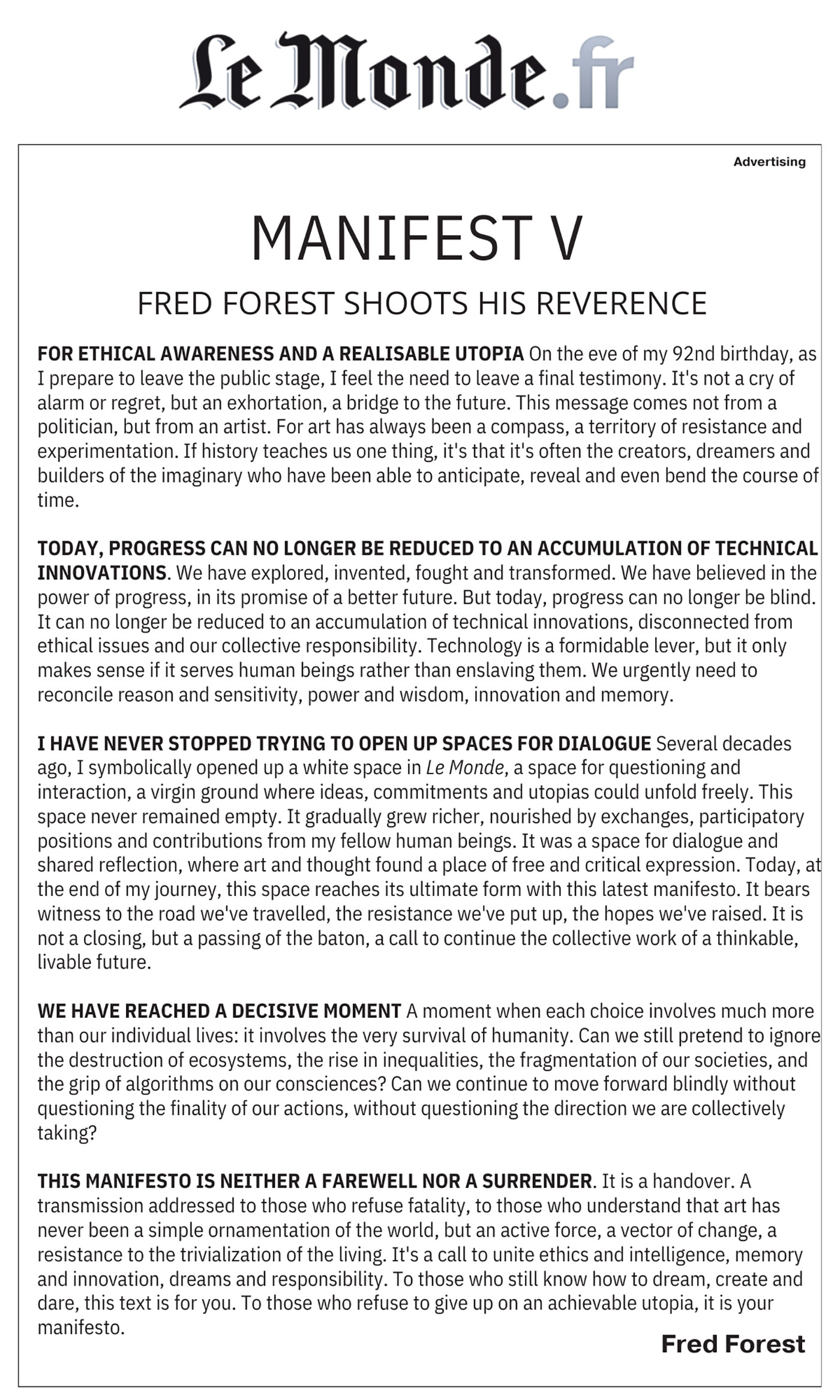 Le Monde - Manifeste V - Fred Forest shoots his révérence