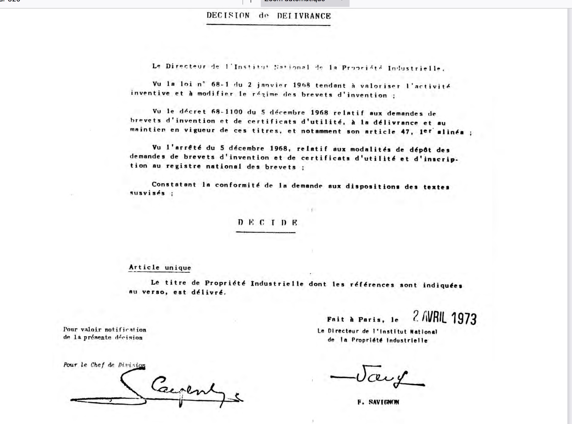 1967 - INPI Brevet Tableau-écran