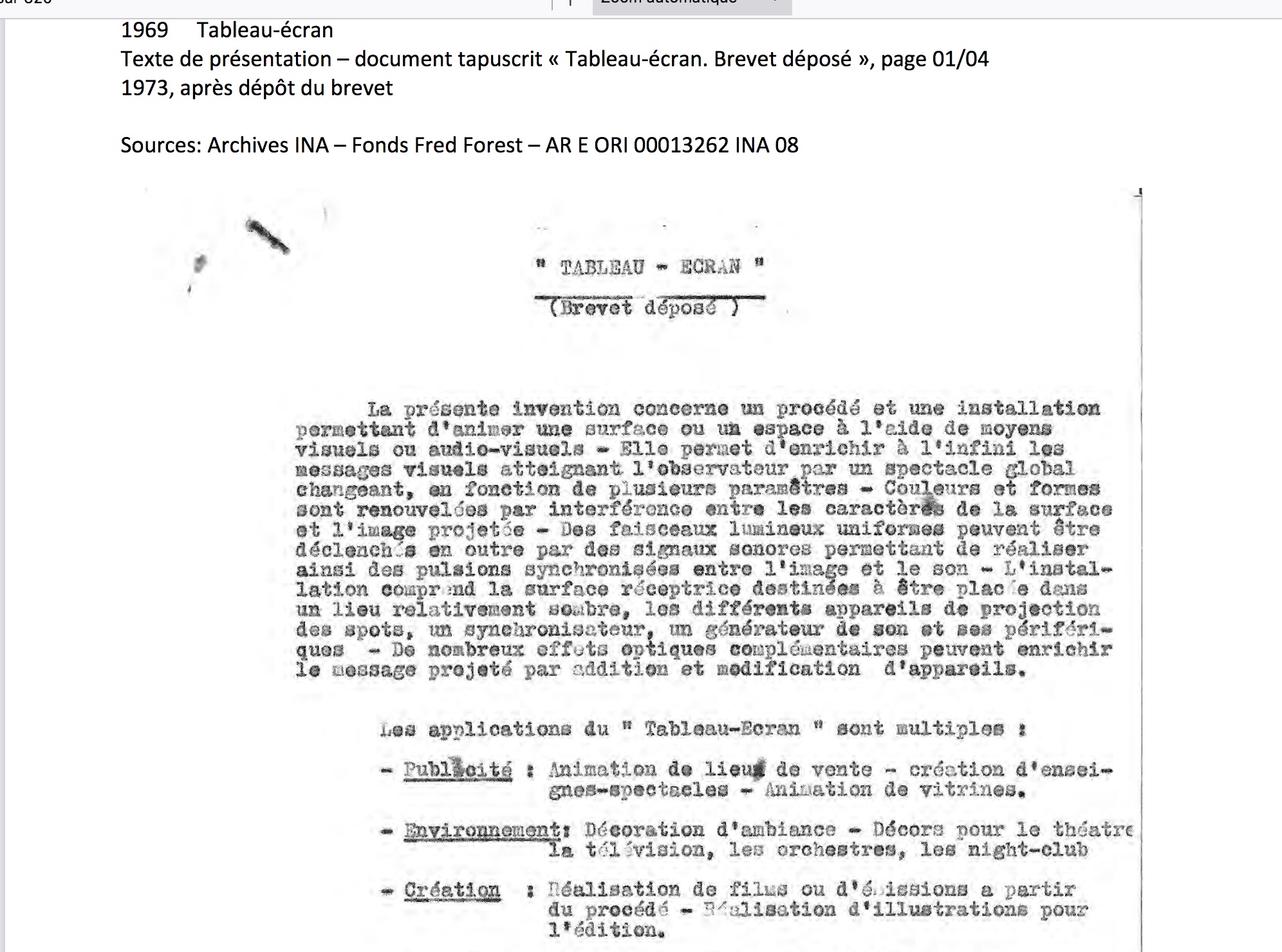 1967 - INPI Brevet Tableau-écran