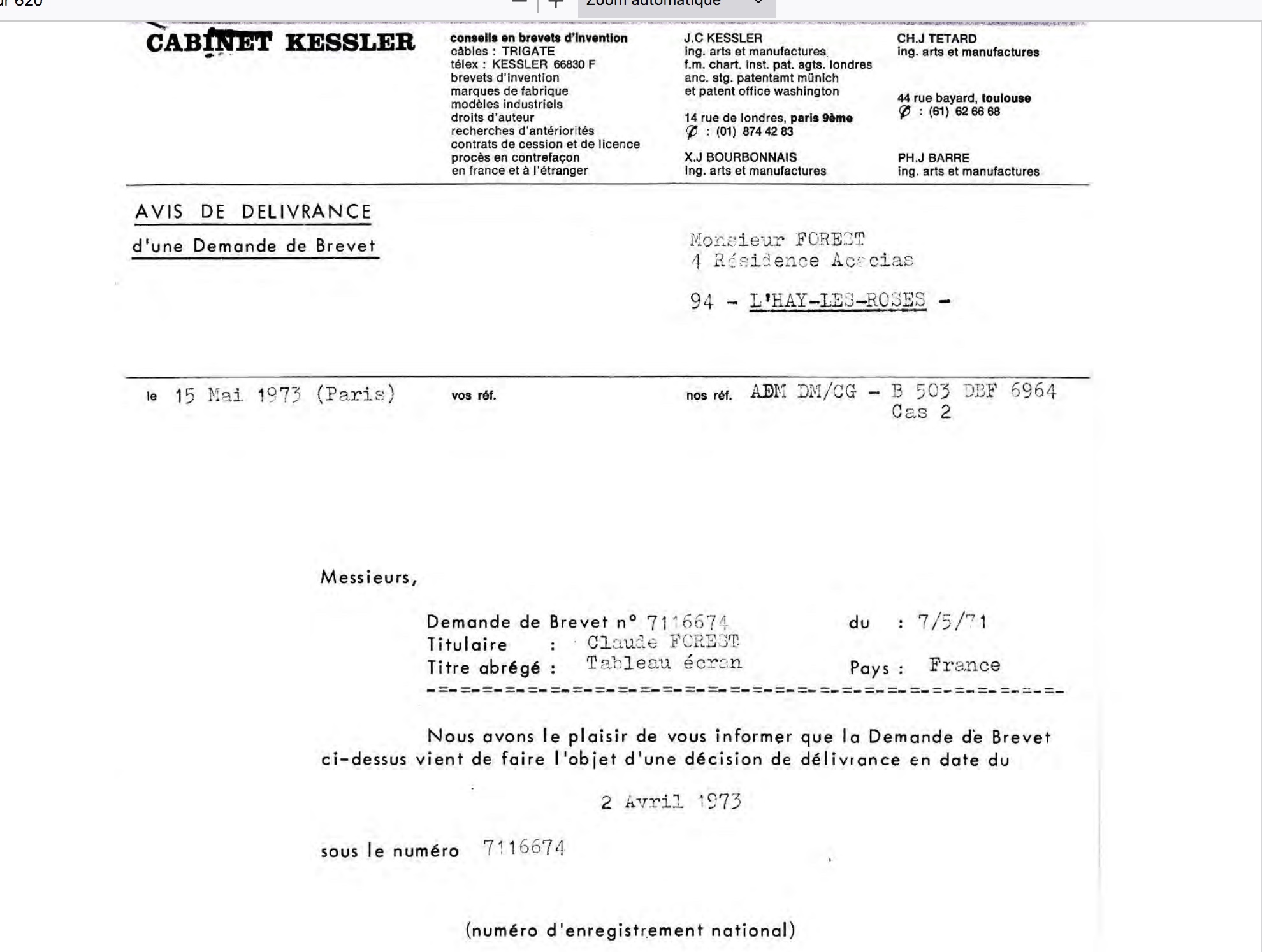 1967 - INPI Brevet Tableau-écran