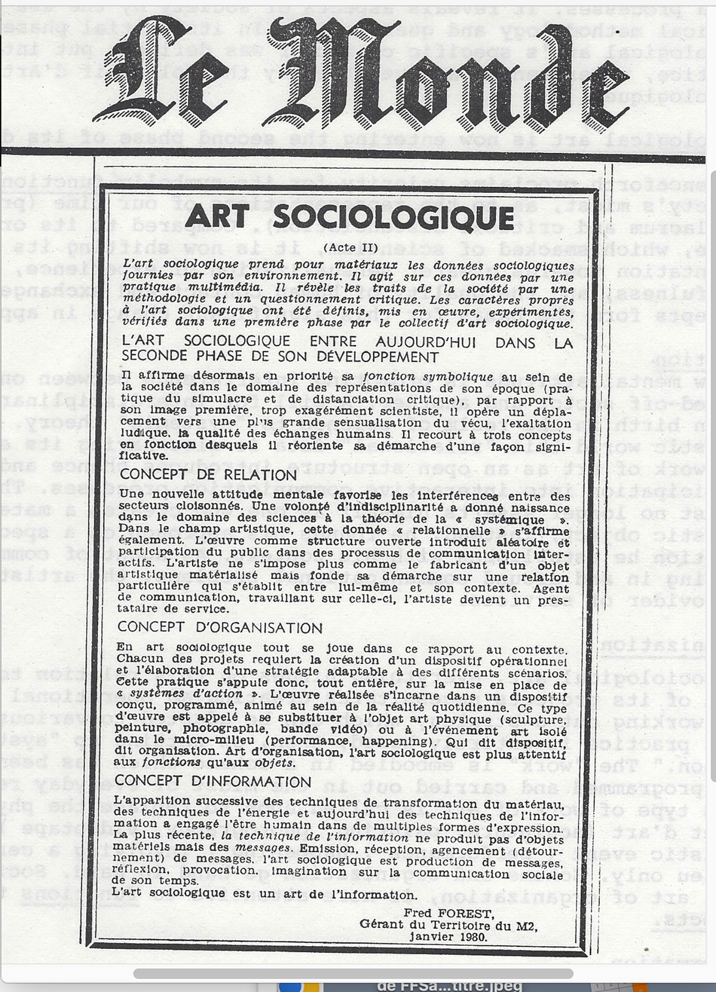 Le Monde - Manifeste Art Sociologique